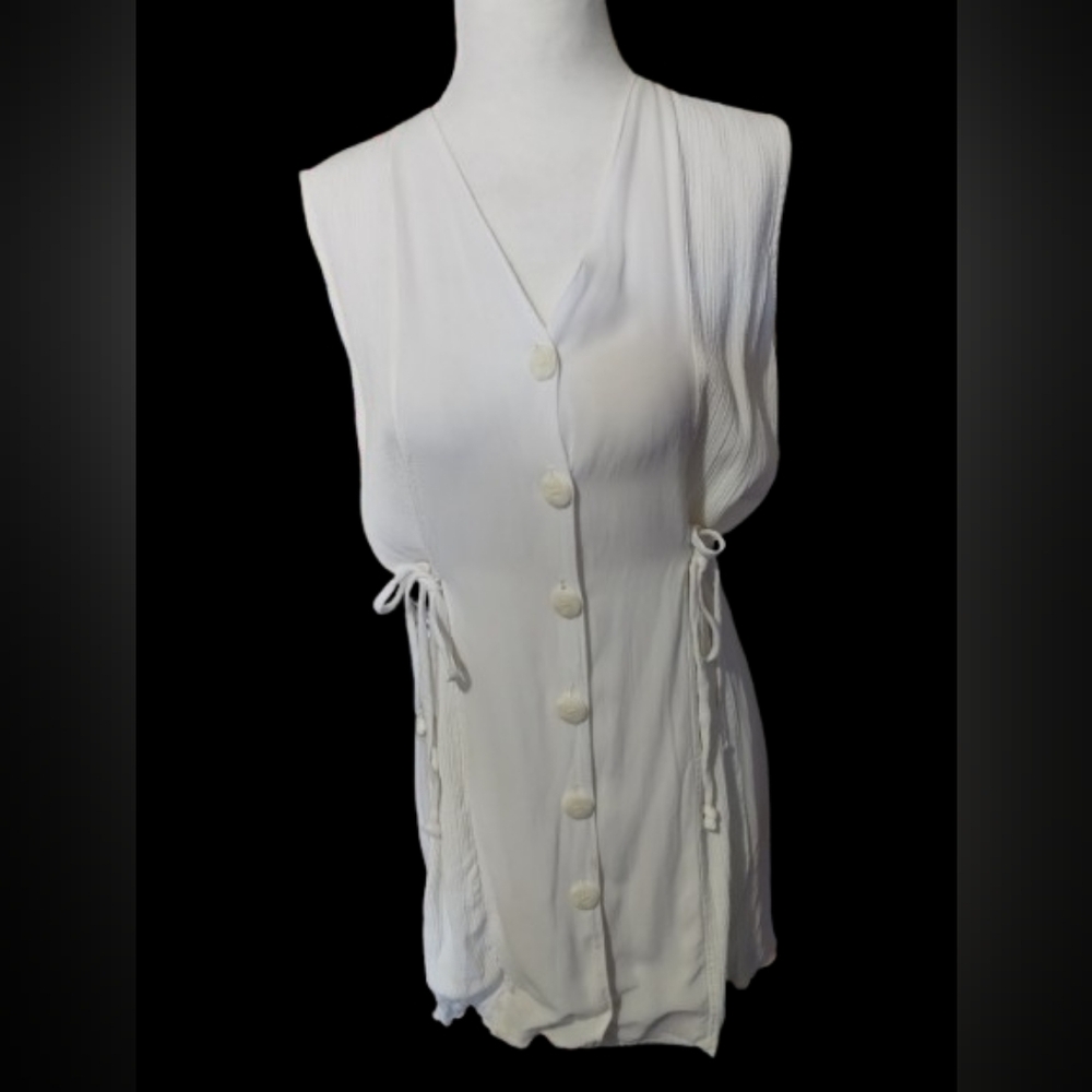 NWOT Beth Schaeffer White Button-Down Sleeveless Top, Ties At Hip S-PS
